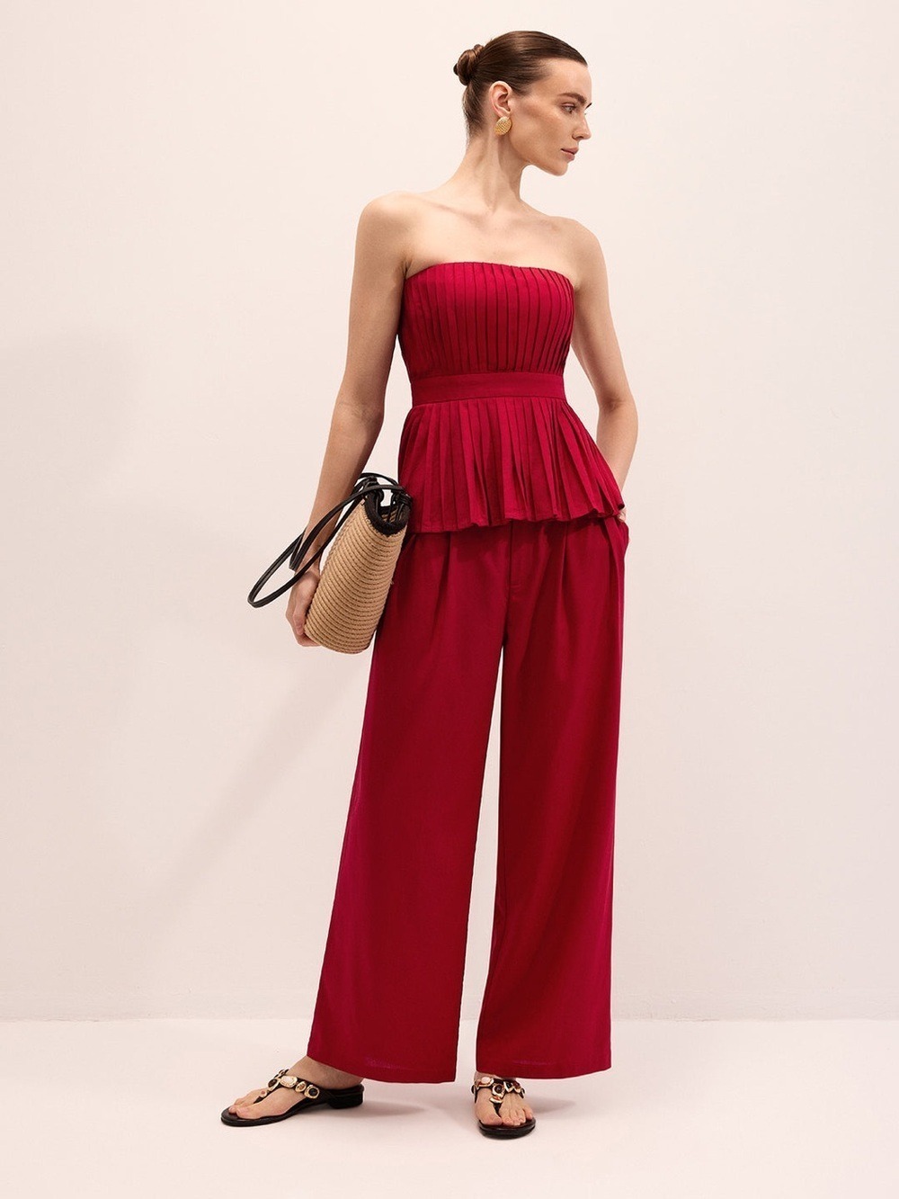Commense Strapless Pleated Linen Blend Top & Pants Set